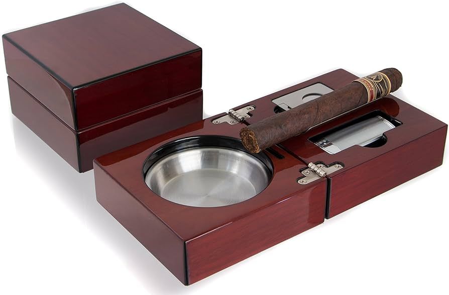Mantello Cigar Ashtray Gift Set - High-Gloss Cherry Finish Wooden Travel Case - Stainless Steel H... | Amazon (US)