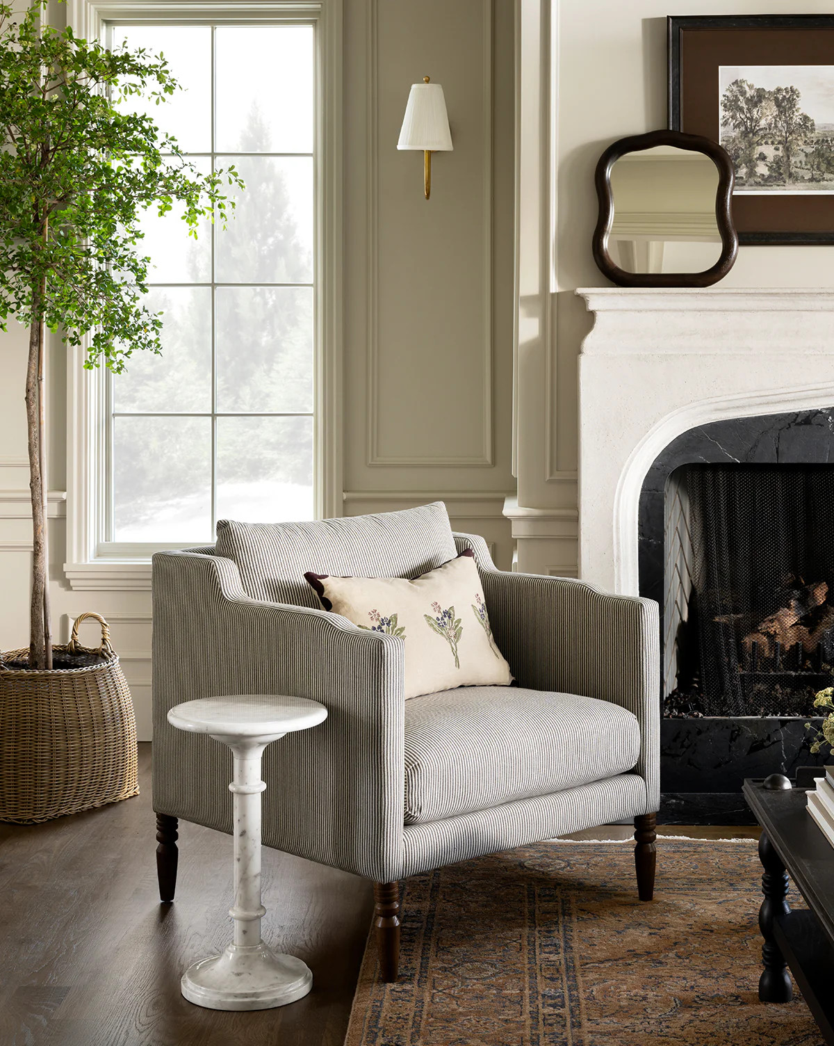 Gemma Chair (Ready to Ship) Charcoal & Ivory Stripe Linen/Chestnut | McGee & Co. (US)
