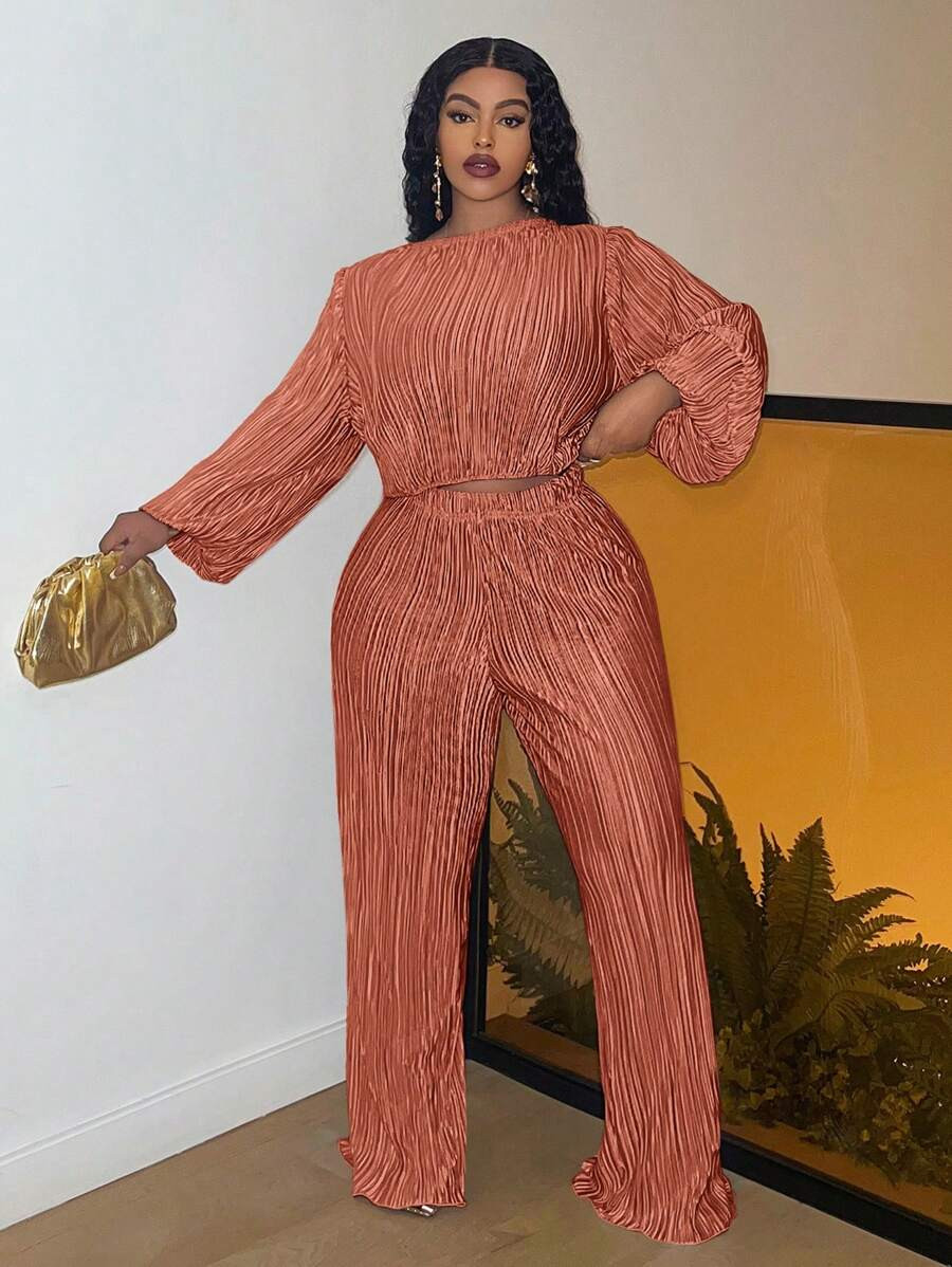 Slaydiva Comfy Early Autumn Pleated Long Sleeve Puff Sleeve Straight Leg Pants Loose Plus Size 2p... | SHEIN