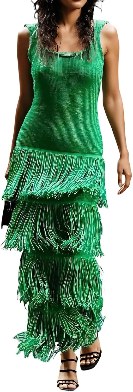 LKOUS Womens Tassel Fringe Cocktail Dress Sleeveless Elegant Halter Boho Formal Maxi Dresses | Amazon (US)