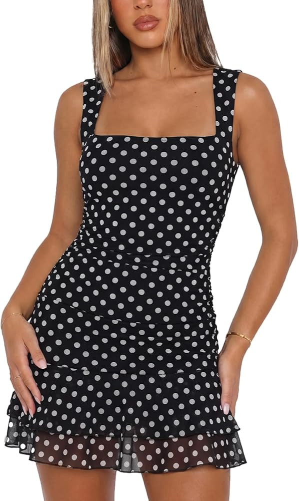 UNCOOYEE Women's Sexy Square Neck Ruched Mesh Bodycon Dress Ruffle Hem Sleeveless Cocktail Party ... | Amazon (US)