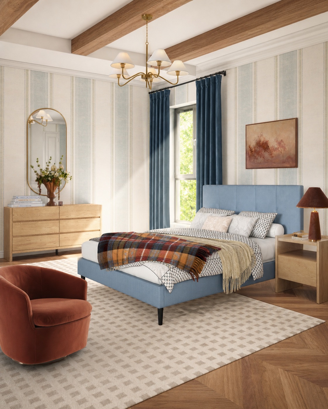 Beautiful Fall bedrooom mood board, affordable queen bed from Wayfair, dresser and nightstand from Article, gorgeous accent chair, velvet curtains, wall art, neutral washable rug, wool throw—a must for the crisp Fall days! #homedecor #falldecor 

#LTKSeasonal #LTKFamily #LTKHome