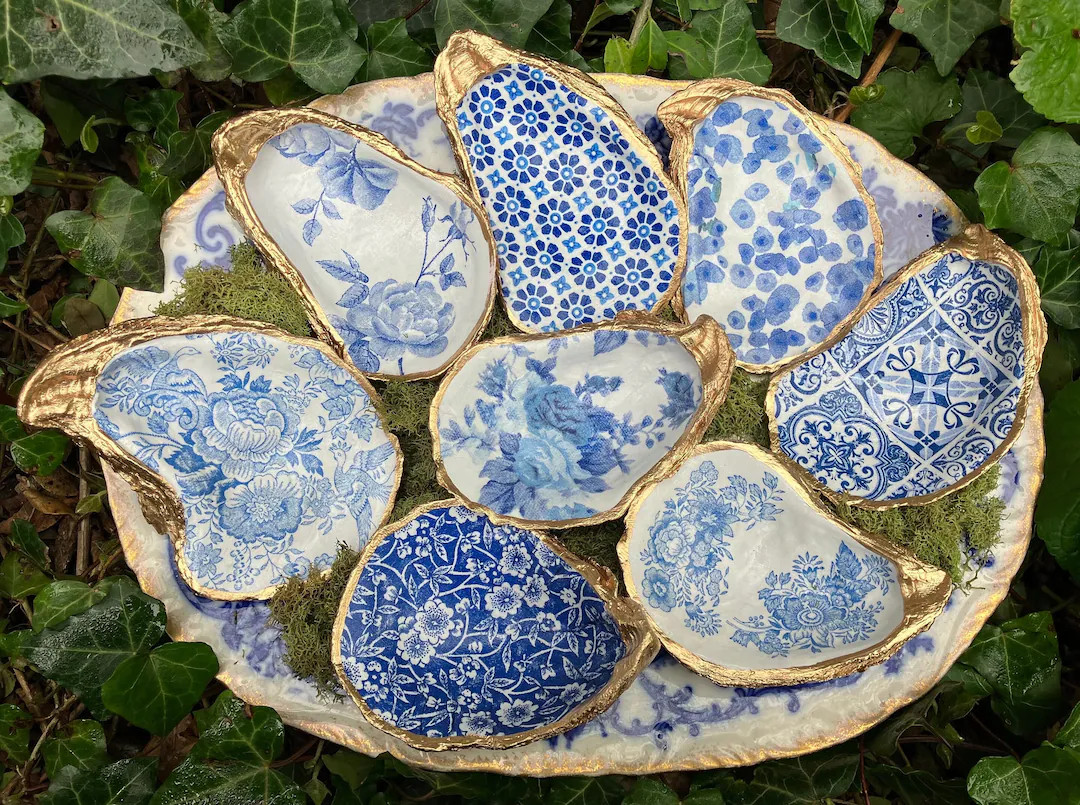 Oyster Shell Ring Dish, Decoupage Chinoiserie Jewelry Holder, Trinket Bowl Coastal Decor, Blue Wh... | Etsy (US)