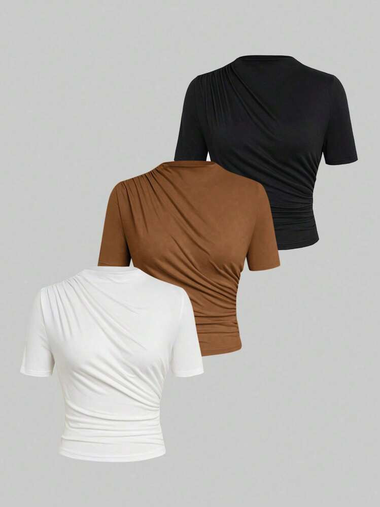 SHEIN Sweetro Plus Size Women's Solid Color Fold-Over Collar T-Shirt | SHEIN