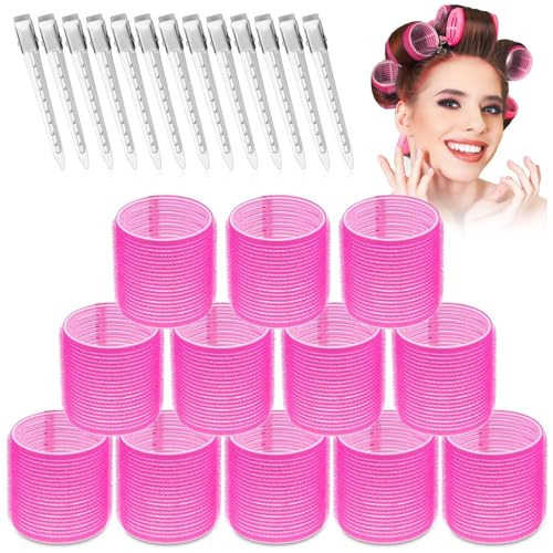 Jumbo Hair Rollers Set - 24 Pieces with 12 Large Rollers and 12 Clips for Voluminous Long Thick Hair (Hot Pink) | Amazon (US)
