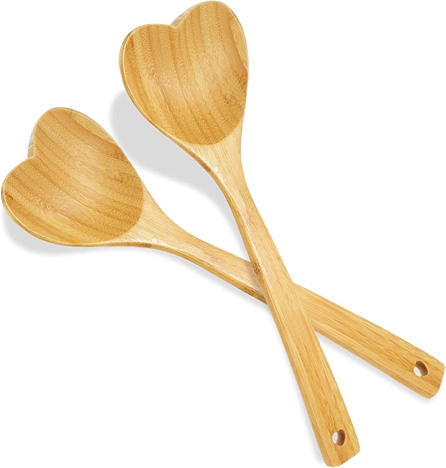 2 Pieces Bamboo Heart Shaped Wooden Spoon Set, 12.2 Inch Long Handle Wooden Kitchen Utensils Wood... | Amazon (US)