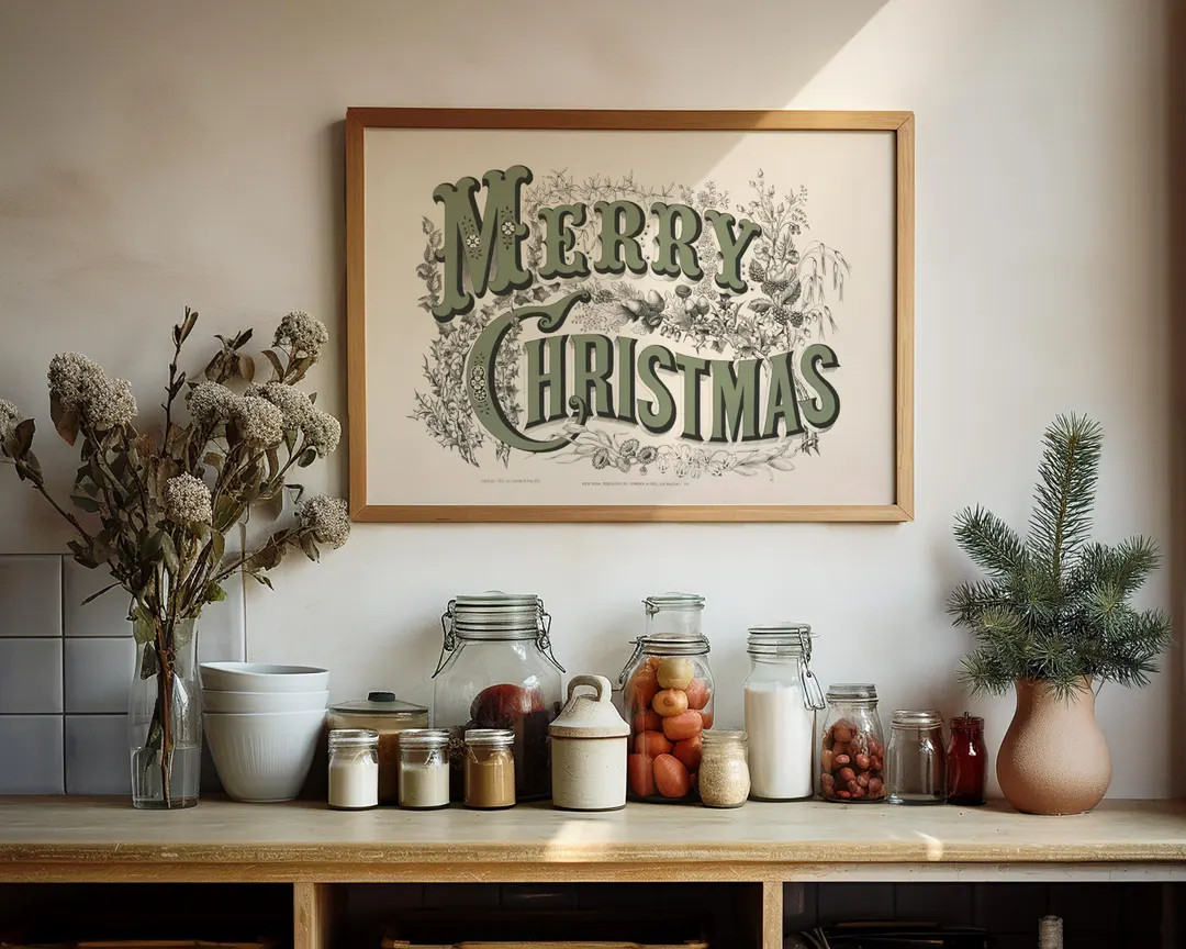 Merry Christmas Vintage Print | Neutral Holiday Wall Art | Etsy (US)