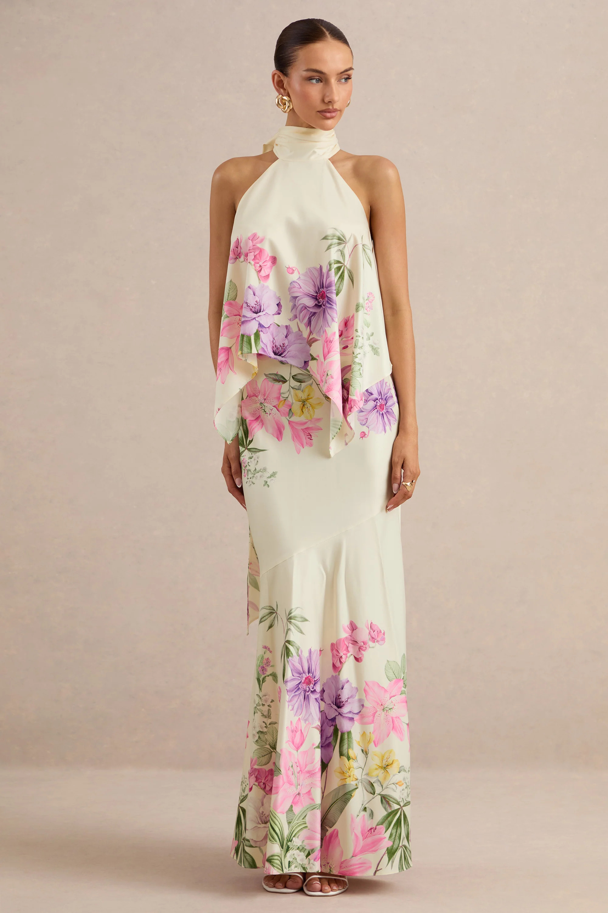 Vayla | Cream Floral Print Matte Satin Asymmetric Drop-Waist Maxi Skir | Club L London