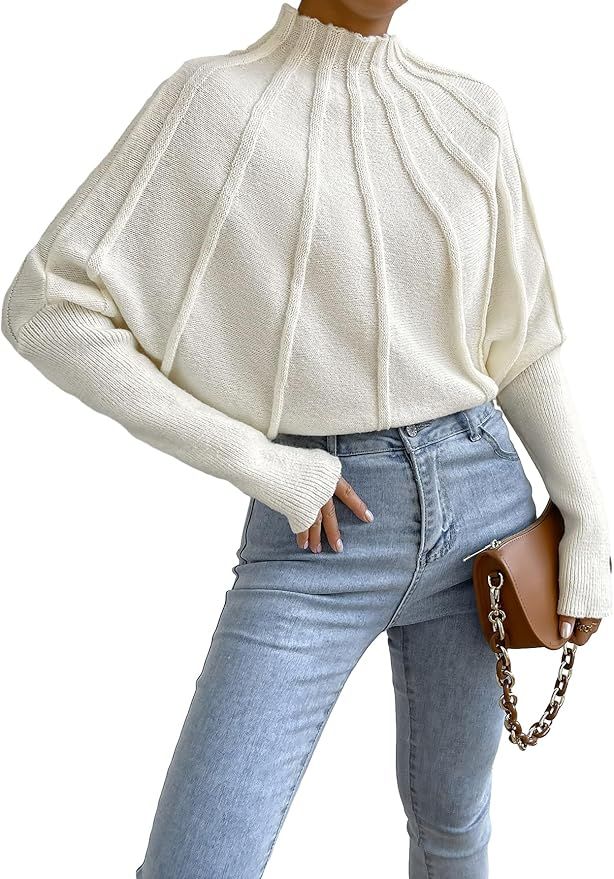 OYOANGLE Women's Casual Knitted Mock Neck Drop Shoulder Long Sleeve Solid Pullover Sweater Loose ... | Amazon (US)