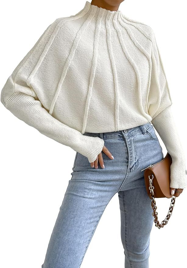 OYOANGLE Women's Casual Knitted Mock Neck Drop Shoulder Long Sleeve Solid Pullover Sweater Loose ... | Amazon (US)