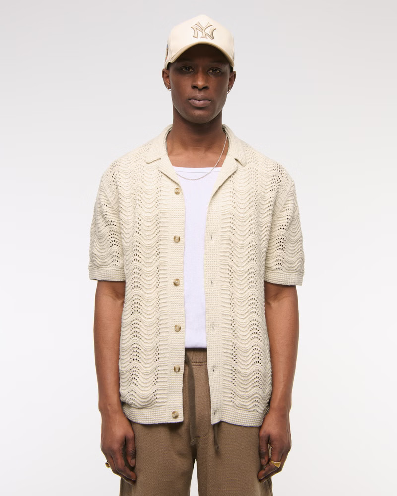 Men's Wavy Crochet-Style Button-Through Sweater Polo | Men's Tops | Abercrombie.com | Abercrombie & Fitch (US)