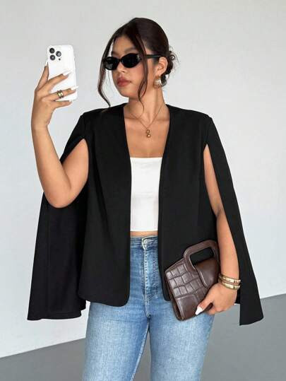 Firerie Plus Size Black Cloak Prive Elegant Romantic Blazer,Fall Clothes For Women Autumn | SHEIN