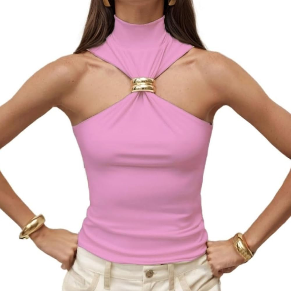 Women Sexy Halter Neck Pleated Twist Front Tank Tops Trendy Slim Fit Sleeveless Hollow Out Halter... | Amazon (US)