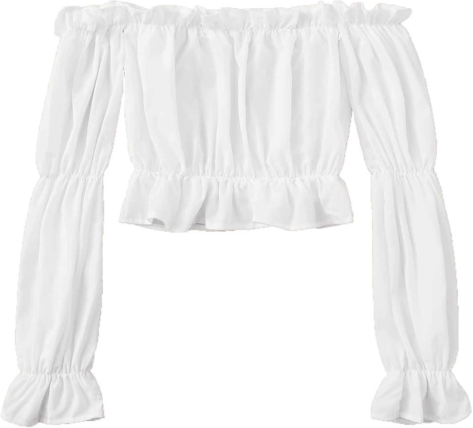 MakeMeChic Women's Ruffle Trim Off Shoulder Long Sleeve Bardot Blouse Crop Top | Amazon (US)