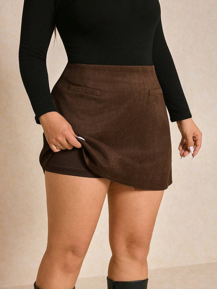 Elaquor Plus Size Solid Color High Waist Skirt, Suitable For Work Brown | SHEIN