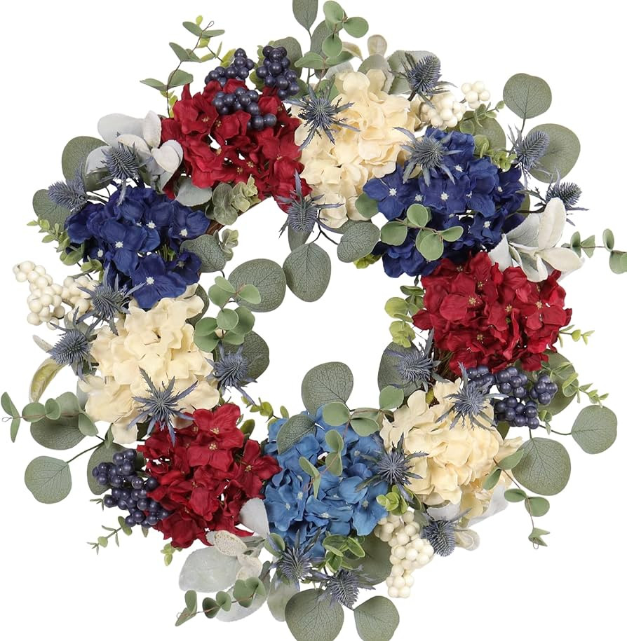 22 Inch Patriotic Hydrangea Wreath for Front Door, UV Resistant Faux Berry Floral Waterproof, 4th... | Amazon (US)