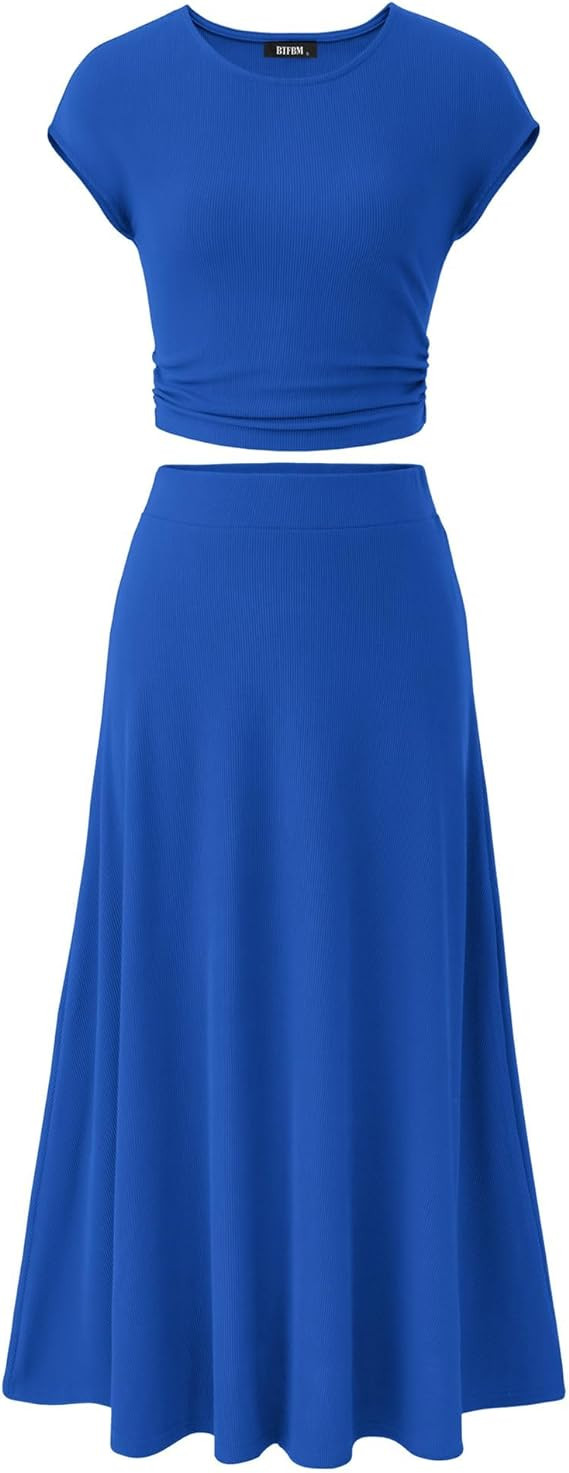 BTFBM Women Two Piece Skirt Set Summer 2025 Casual Vacation Crew Neck Short Sleeve Cropped Top El... | Amazon (US)