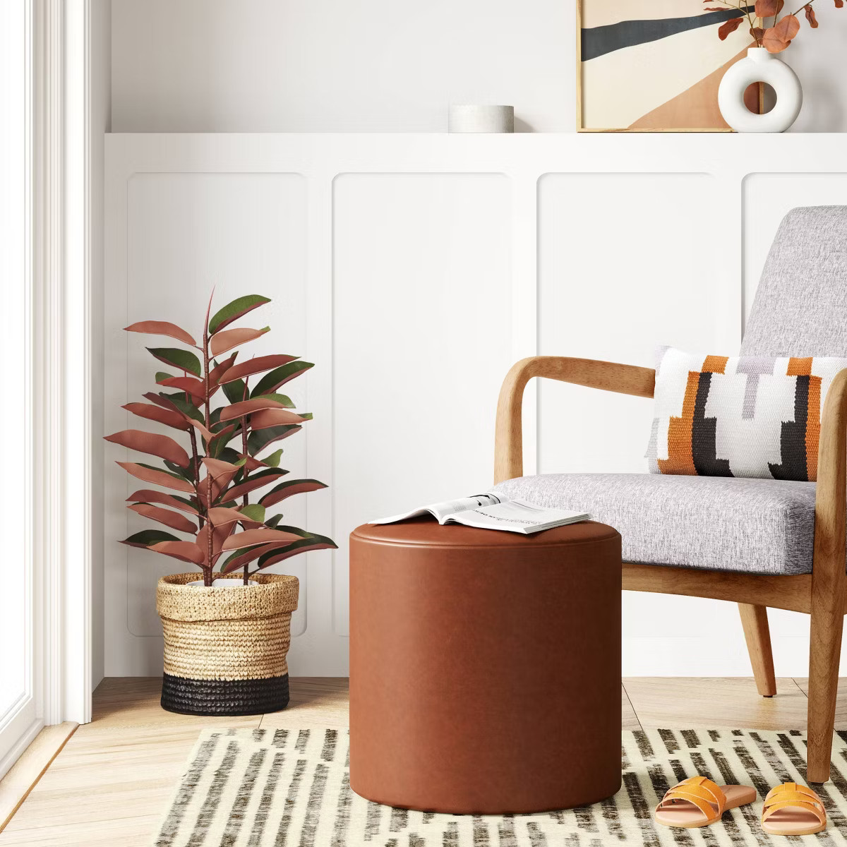 Bodrum Round Upholstered Ottoman Caramel Faux Leather - Threshold™: Padded, No Assembly Require... | Target