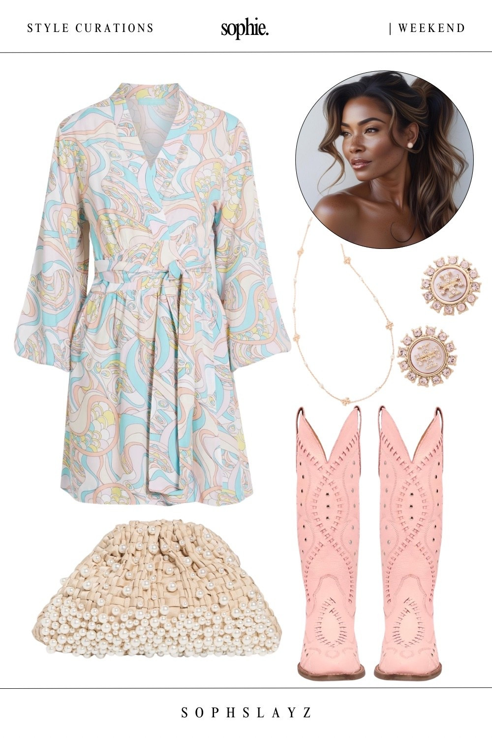 This look: Pastel wrap dress, pearl clutch, pink western boots, statement earrings, soft glam beauty.
She’s bringing the rodeo energy to high tea. Wear it to brunch, a birthday party, or winery tour.

🔎 cowgirl boots outfit, western boots outfit, mini dress outfit, tea outfit, western chic, soft glam, weekend outfit, chic style

#LTKootd
