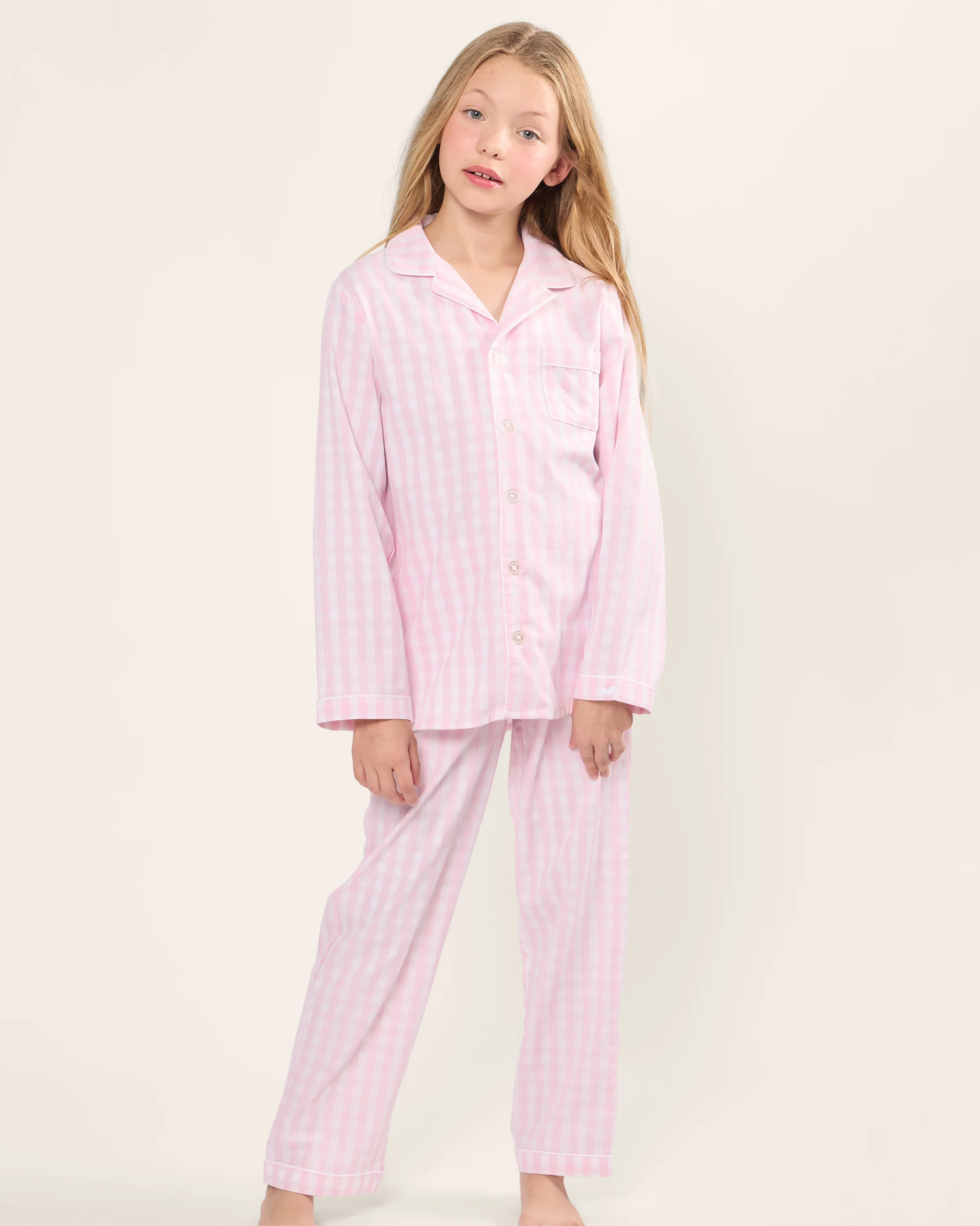 Kid's Twill Pajama Set in Pink Gingham | Petite Plume