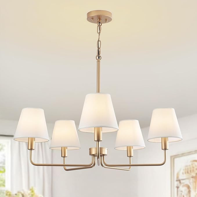 Farmhouse Chandelier, Gold Modern Dining Room Light Fixture with White Fabric Shade, 5-Light Heig... | Amazon (US)