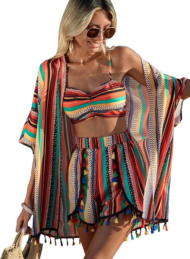 Verdusa Women's 3 Piece Outfits Short Sleeve Open Front Kimono and Boho Cami Top and Tassel Trim ... | Amazon (US)