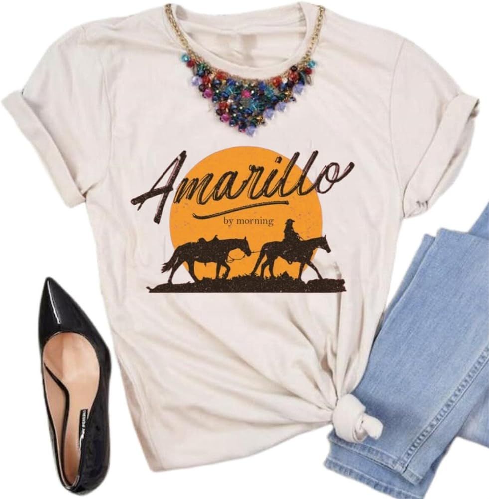 Women Retro Western Country Music Shirts Cowboy Gift Graphic Tees Short Sleeve Tops | Amazon (US)