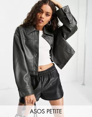 ASOS DESIGN Petite cropped faux leather jacket in khaki | ASOS (Global)