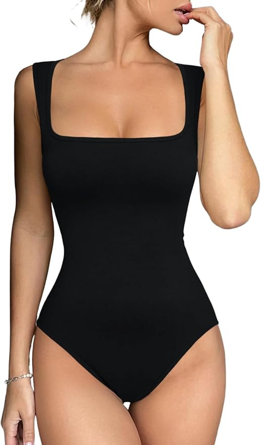 Meyeeka Women's Sexy Seamless Bodysuit Square Neck Sleeveless Tapered Shoulder Straps Tank Tops S... | Amazon (US)