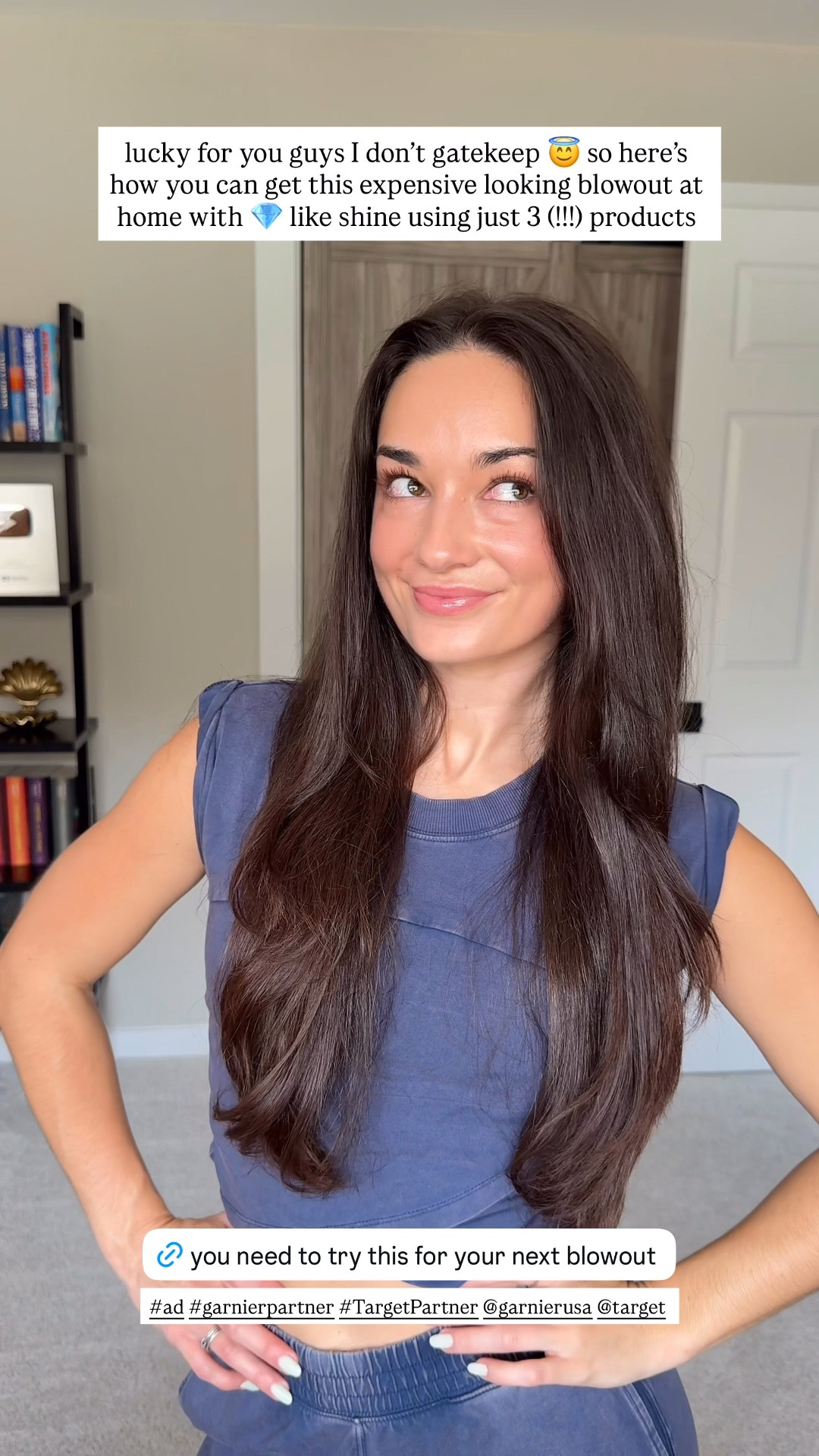 lucky for you guys I don’t gatekeep 😇 so here’s how you can get this expensive looking blowout at home with 💎 like shine using just 3 (!!!) products #ad #garnierusa #TargetPartner @Target @garnierusa 
