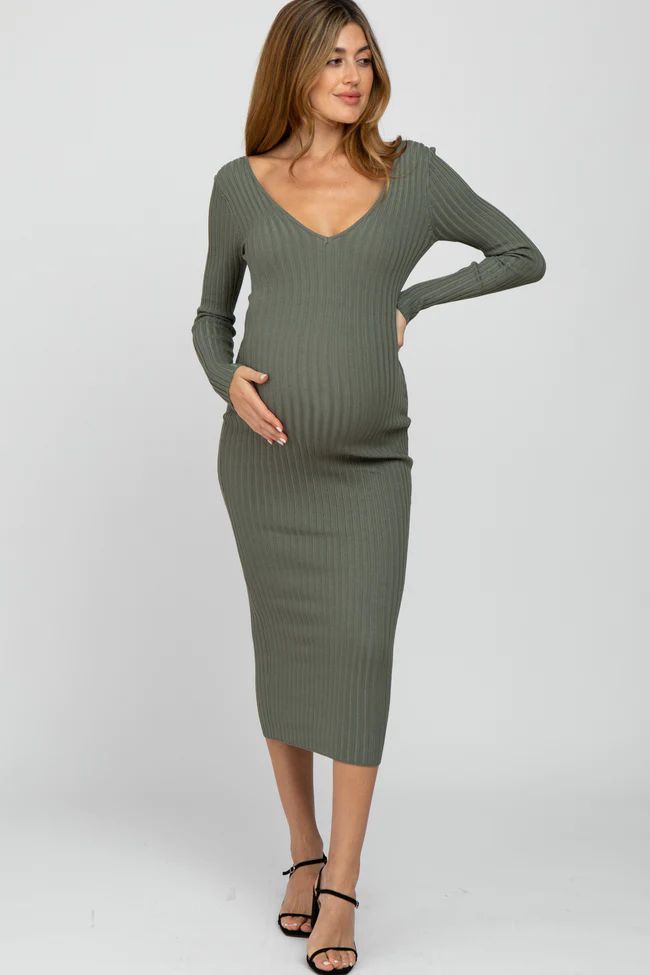 Light Olive V-Neck Long Sleeve Fitted Maternity Maxi Dress | PinkBlush Maternity