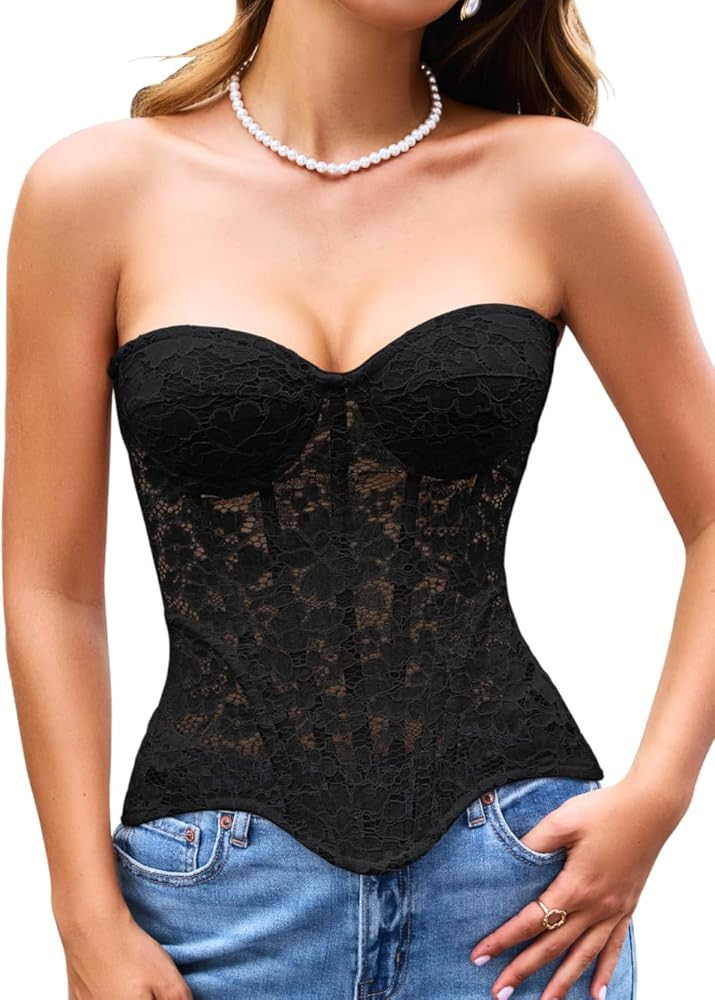Women's French Romance Corsets, Sheer Floral Lace Fits 0-18, Push-Up Bustier with Boning and Adju... | Amazon (US)