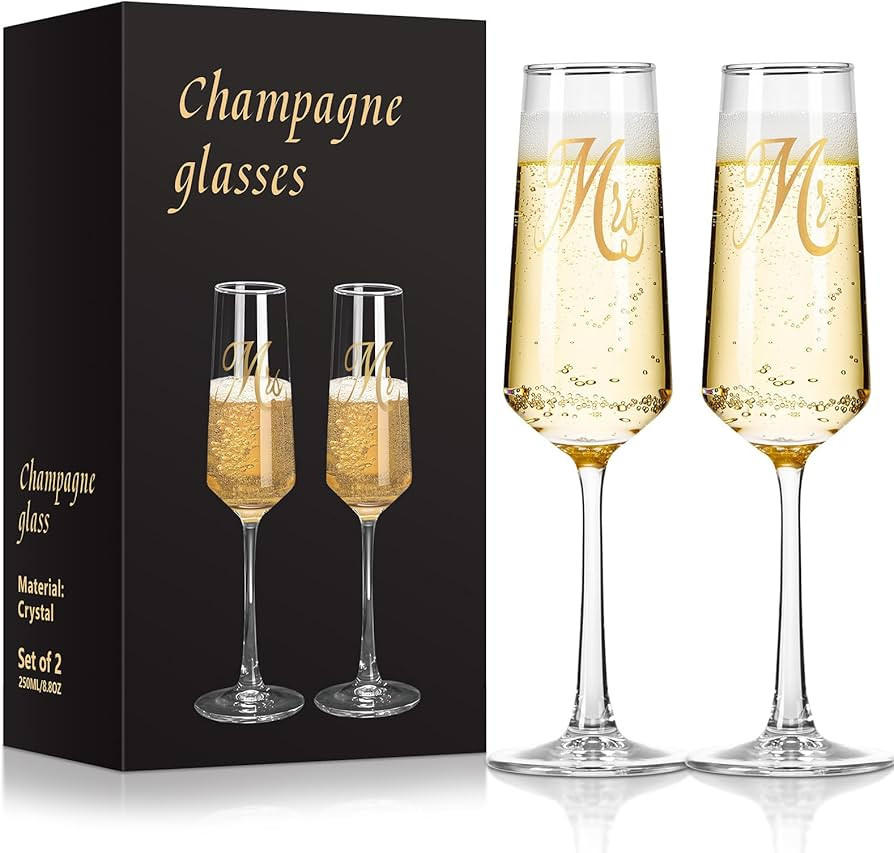 Mr and Mrs Champagne Flutes, Wedding Champagne Flutes Glass 9 oz, Champagne Glasses Set of 2, Bri... | Amazon (US)