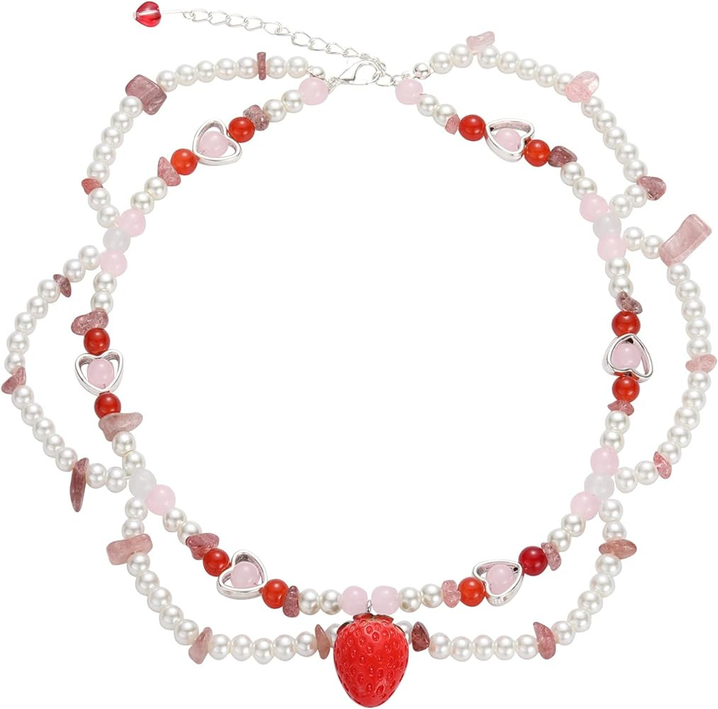 Strawberry Pearl Beaded Necklace For Woman Layered crystal Choker Necklace Jewelry | Amazon (US)