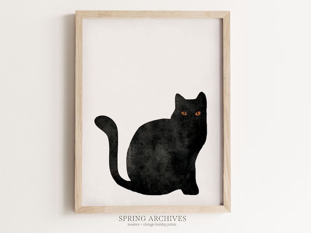 Black Cat Printable Wall Art Minimal Halloween Instant - Etsy | Etsy (US)