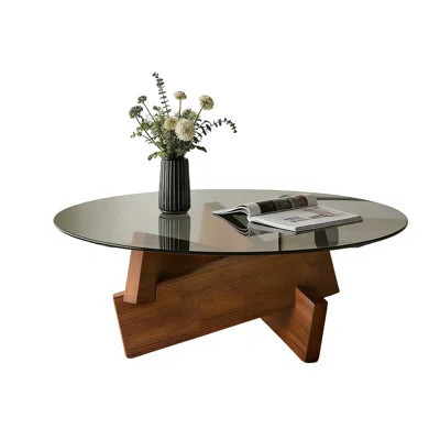 Modern Round Coffee Table for Living Room, 27.5" x 27.5" x 12.2" Mid Century Center Table with Tempered Glass Top and Wood, Walnut | Wayfair North America