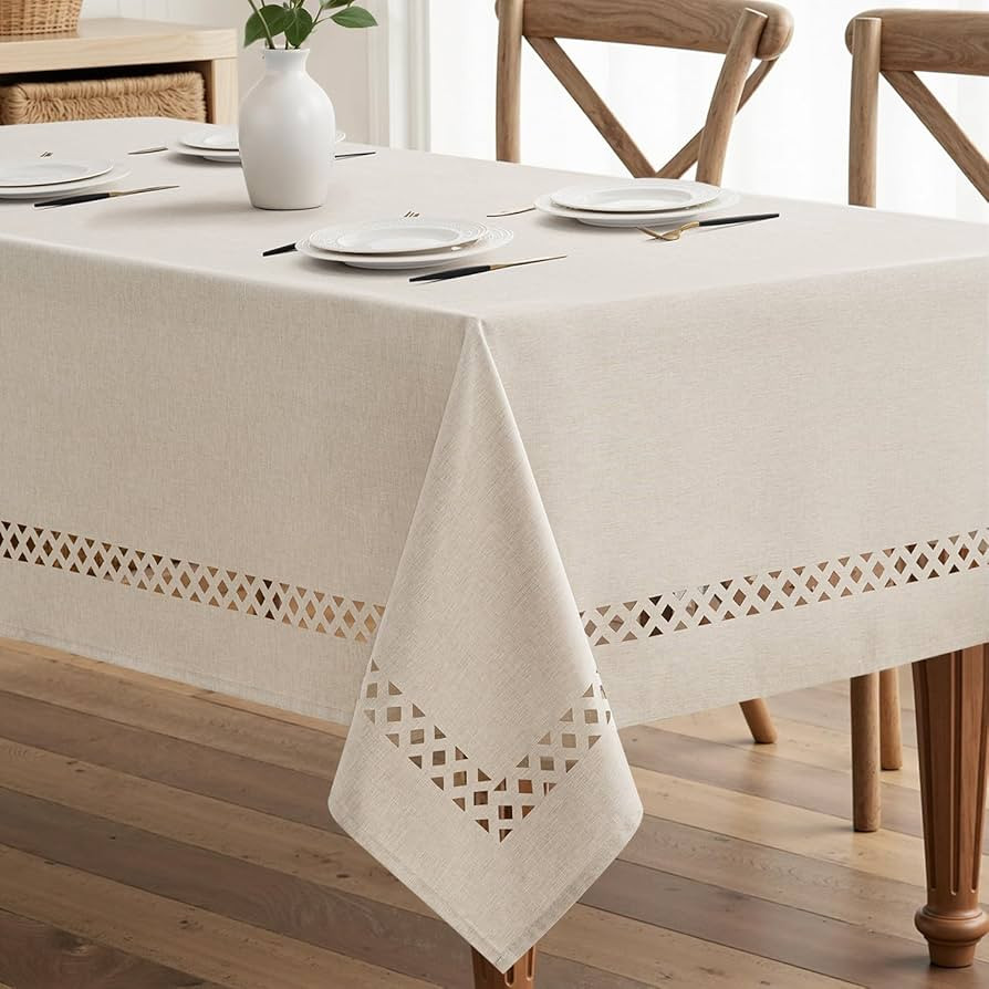MIULEE Beige Rectangle Linen Polyester Tablecloth with Decorative Cutouts Waterproof Stain Resist... | Amazon (US)