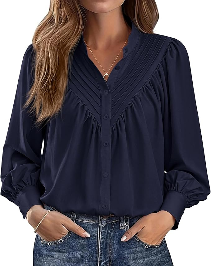 KIRUNDO Blouses for Women Dressy Casual Fashion Clothing Long Sleeve Shirts Loose Fit Button Down... | Amazon (US)