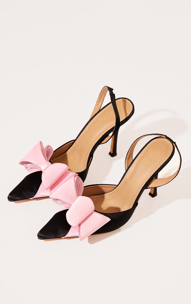 Black Satin Point Toe Bow Detail High Heeled Court Shoes | PrettyLittleThing US