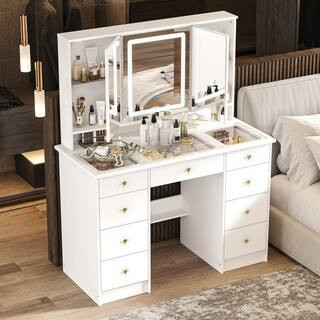 FUFU&GAGA White Makeup Vanity Desk 9 Drawers Wood Dressing Table With 3 Mirrors, Glass Top, Hidde... | The Home Depot