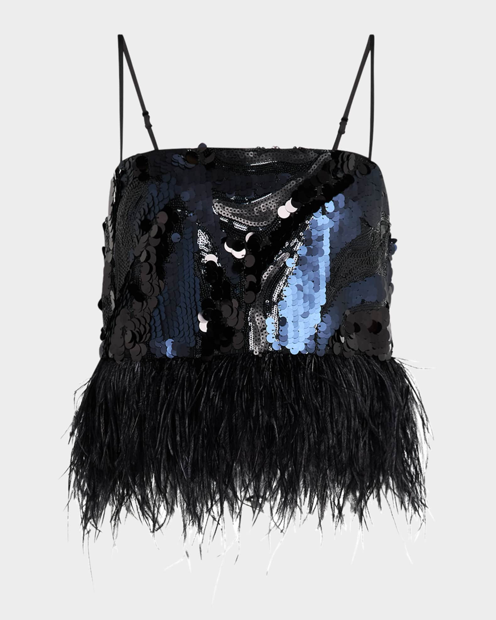 Ramy Brook Stanley Sequined Feather-Trim Crop Top | Neiman Marcus