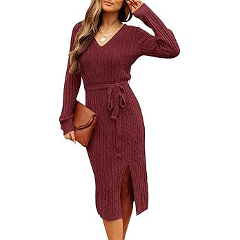 MEROKEETY Women's V Neck Cable Knit Sweater Dress Long Sleeve Bodycon Slit Pullover Midi Dress wi... | Amazon (US)