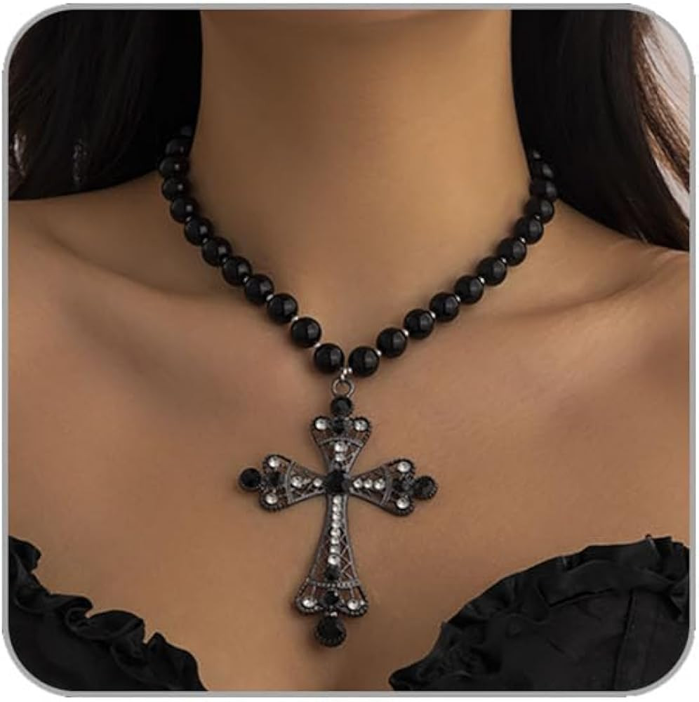 Gothic Cross Necklace Layered Pearl Beads Cross Pendant Necklaces Punk Vintage Cross Chain Neckla... | Amazon (US)