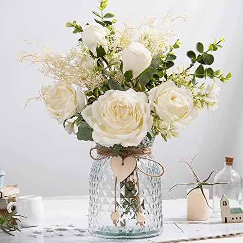 JARELING Silk Rose Flowers in Vase, Artificial Flowers Arrangement with Glass Vase Faux Rose for ... | Amazon (US)