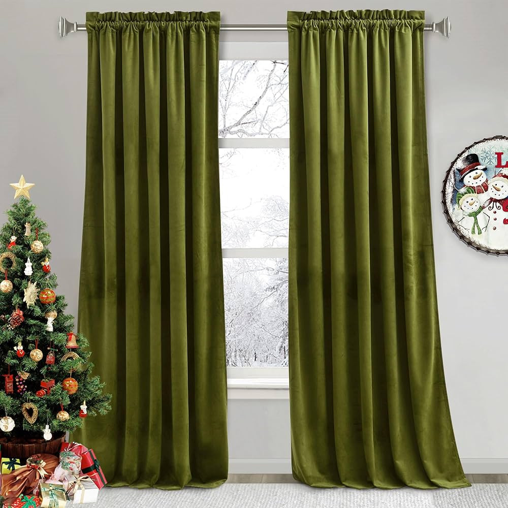 RYB HOME Moss Green Velvet Curtains 108 inches Long for Living Room, Thermal Insulated Room Darke... | Amazon (US)