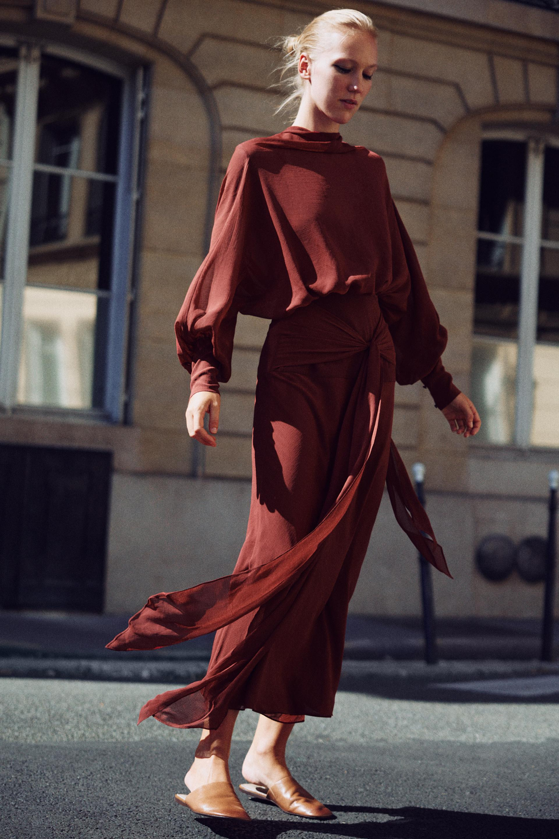 LONG GEORGETTE BELTED DRESS | Zara UK