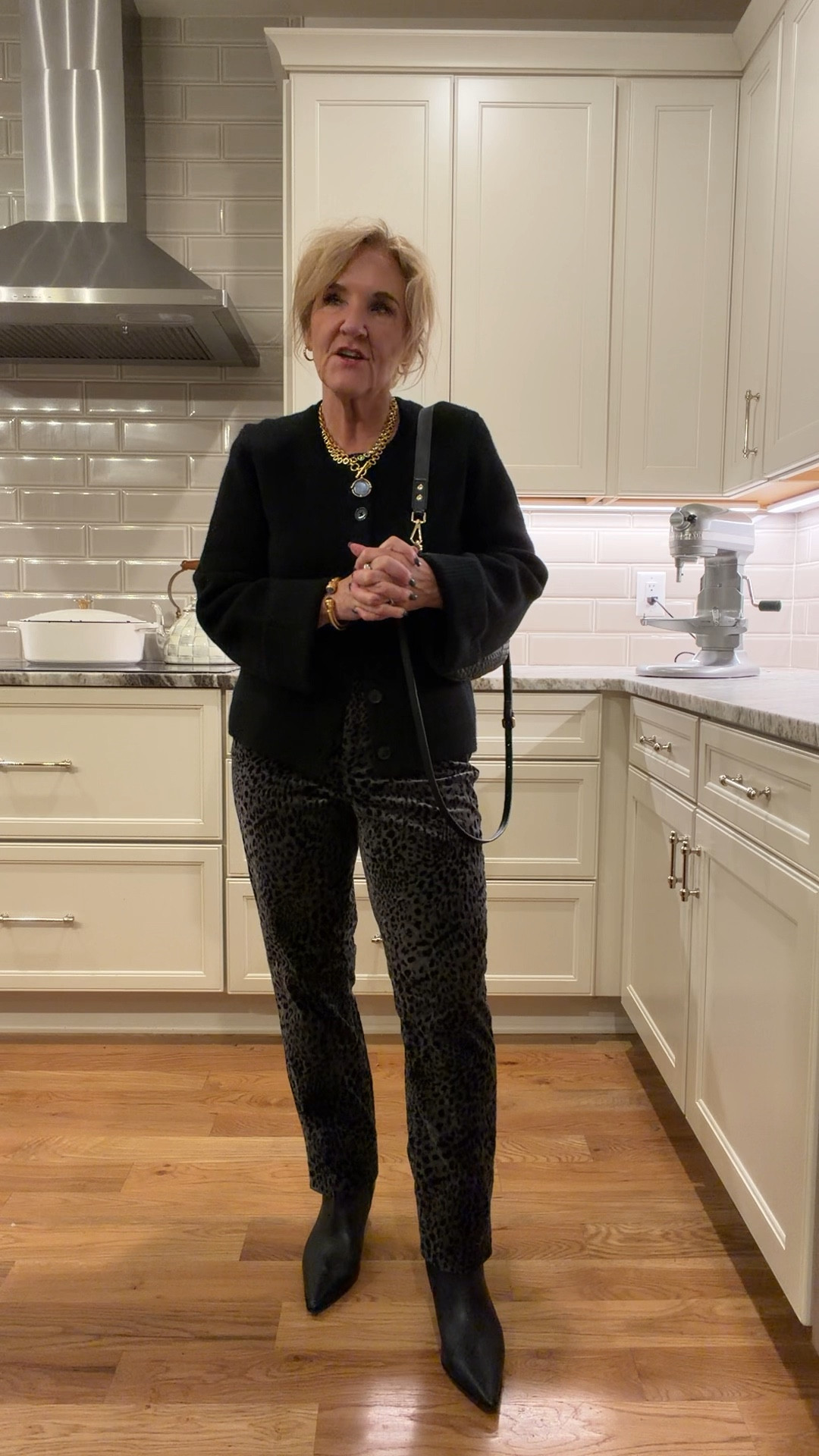 Kashmir sweater, cardigan, jacket size medium, I do cuff back the sleeves with my micro stitch gun
Snow leopard velvet pants I really need the eight petite but these are the eight regular so I had to turn the ham under
J.Crew black pointed to booties. They’re on sale size up a half.
All my new Julie Vos pieces in Tanzanite blue. It reads more blue gray lavender than it does purple on the website. My Hoopes are the medium.

#LTKstorytime #LTKOver40 #LTKHoliday