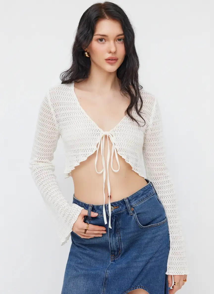 Knit V-neck Bell Sleeve Hollow Out Knotted See-through Top $29.90Flash Shipping | Cider