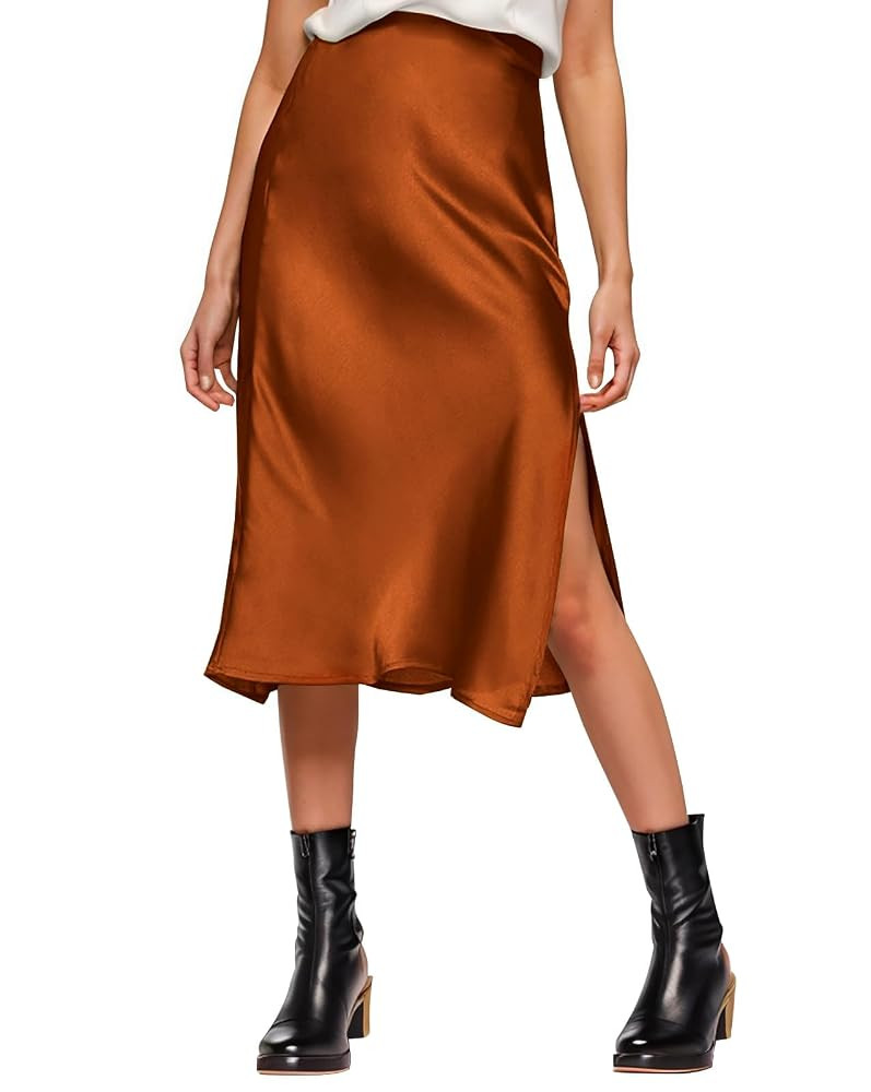 Womens Satin Silk High Waist Slit Midi Skirt Elastic Waistband Midi Skirts for Women | Amazon (US)