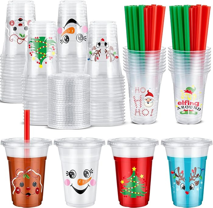 Zhehao 50 Set Christmas Plastic Cups Bulk 16 oz Clear Disposable Christmas Cups with Lids and Str... | Amazon (US)